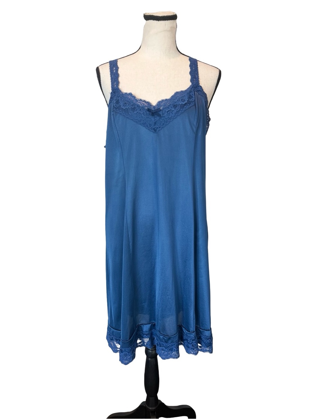 Vintage Sheer Elegance Blue Lace Trim Full Slip Nightgown USA Made Lingerie